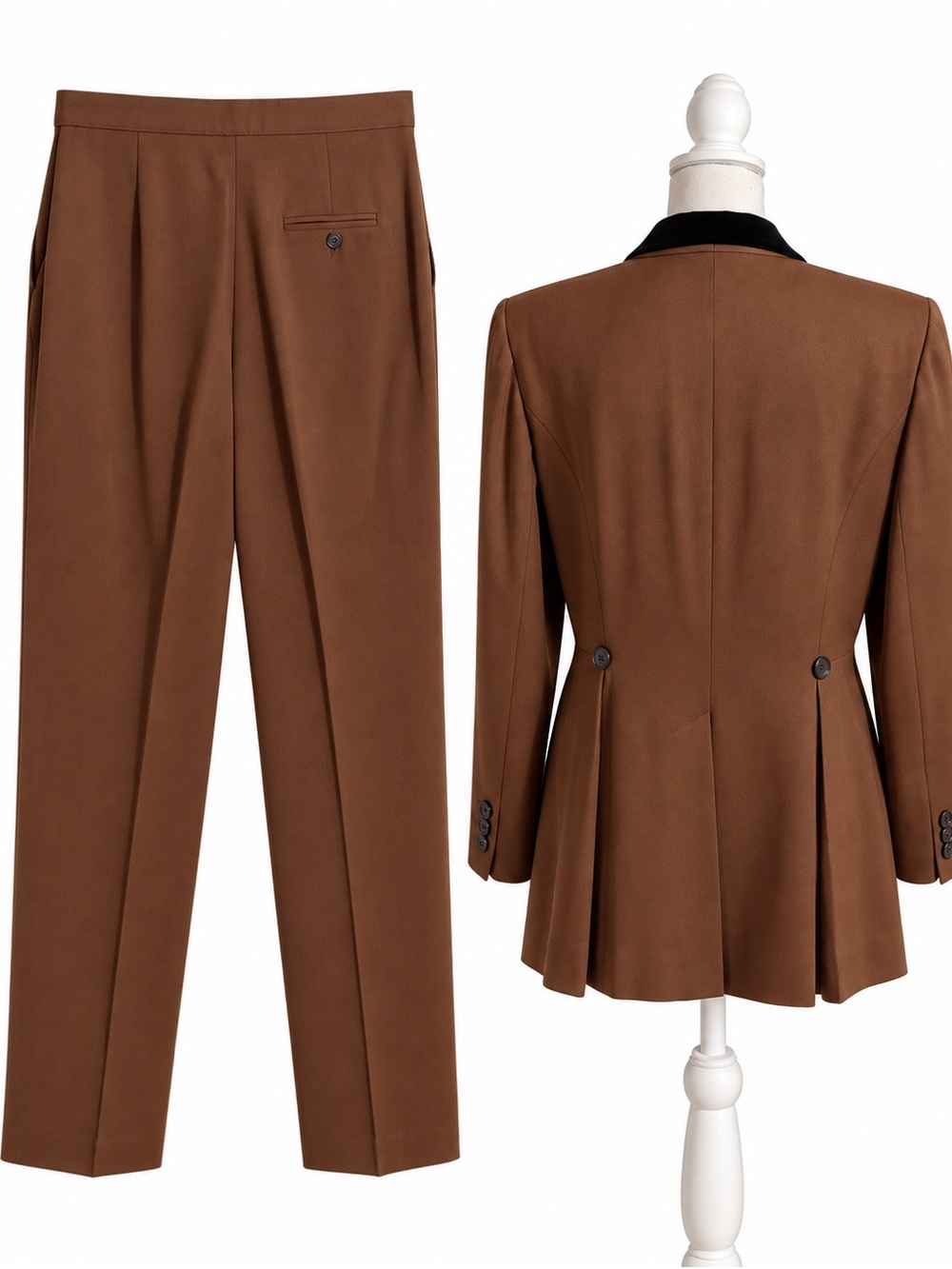 Lauren Ralph Lauren Size 12 Brown Wool Pantsuit Black Collar Made in USA - Picture 4 of 8